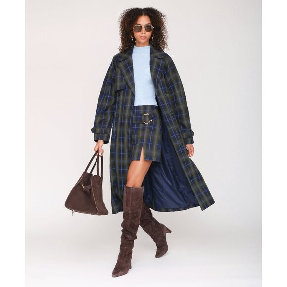 New Avec Les Filles Heritage Plaid Trench Coat Olive Navy XS $188 - Picture 1 of 6